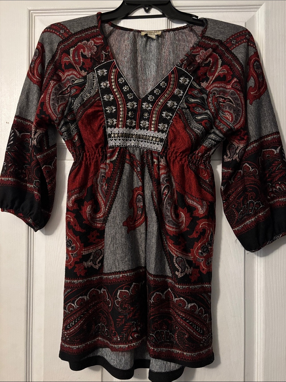 ONE WORLD Red and Black Paisley V-Neck Tunic